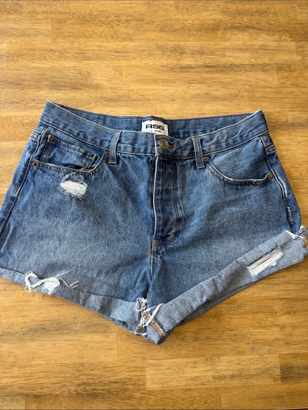 RSQ Distressed Rolled Cuff Denim Shorts - Medium Blue